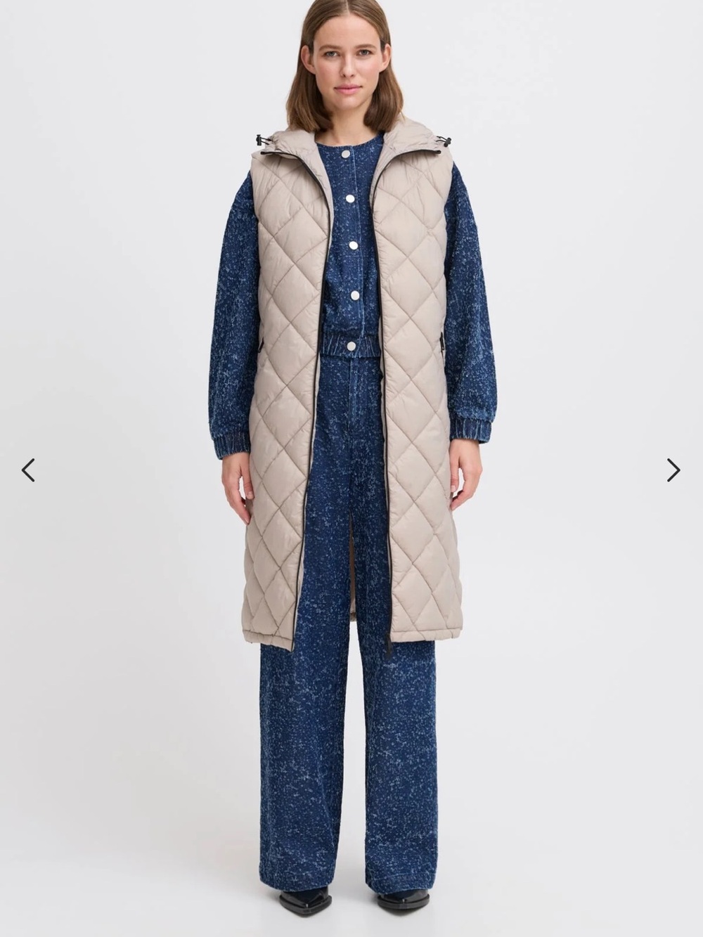 Long Quilted Hooded Vest in Light Taupe